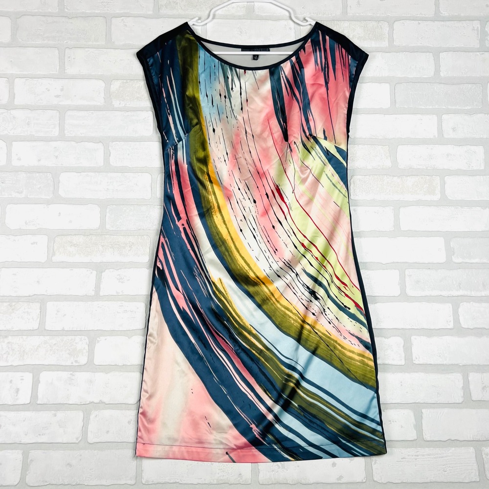 Forenza Womens Abstract Brushstroke Satin Sheath Dress Navy Blue Size 0 - Picture 1 of 11